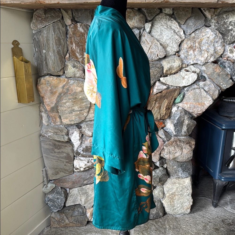 Silk-Feel Teal Floral Kimono Robe - Picture 10 of 16